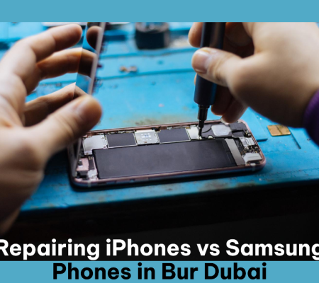 Mobile phone repair technician working on an iPhone and a Samsung device in Bur Dubai.