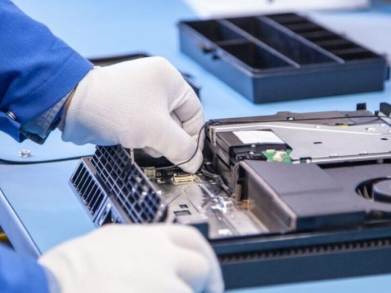 Technician repairing a PS4 console in Dubai with tools on a clean workbench