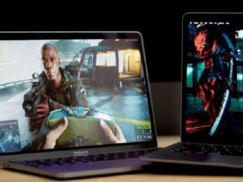 MacBook Air and MacBook Pro side by side used for gaming comparison.