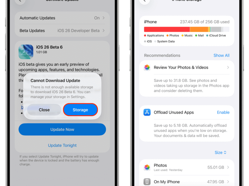 iPhone showing Apple iOS update not installing error.