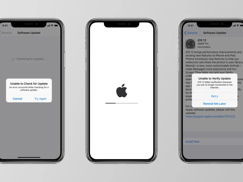 iPhone showing iOS update failed error on screen.