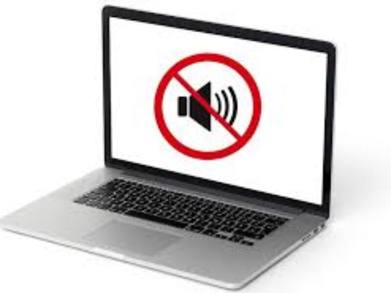 Laptop sound not working issue showing muted speaker icon on screen.