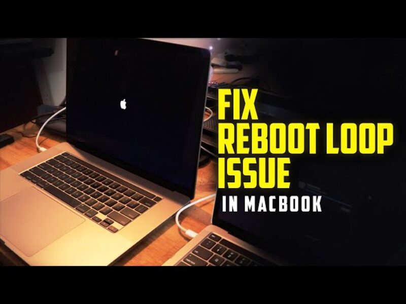 MacBook boot loop after iOS update showing repeated Apple logo restart screen.