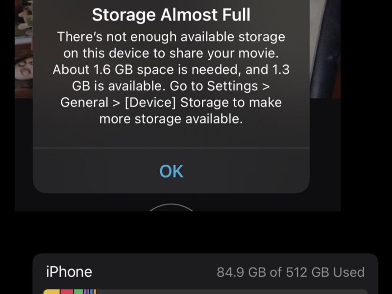 iPhone storage full warning screen.