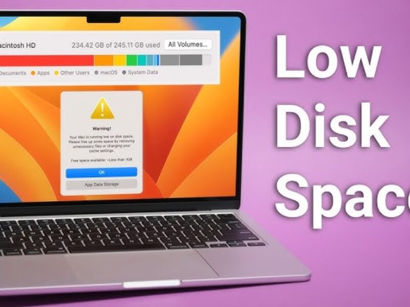 MacBook storage full warning message.