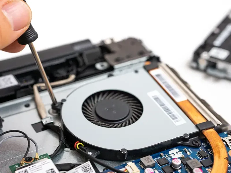 Detailed view of a laptop's copper heat pipes and cooling fan assembly showing airflow path.