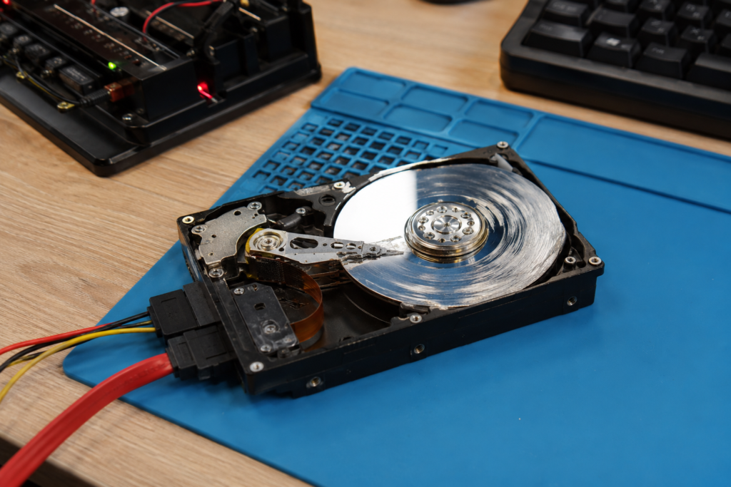 Technician recovering data from a damaged internal hard drive on a professional repair desk