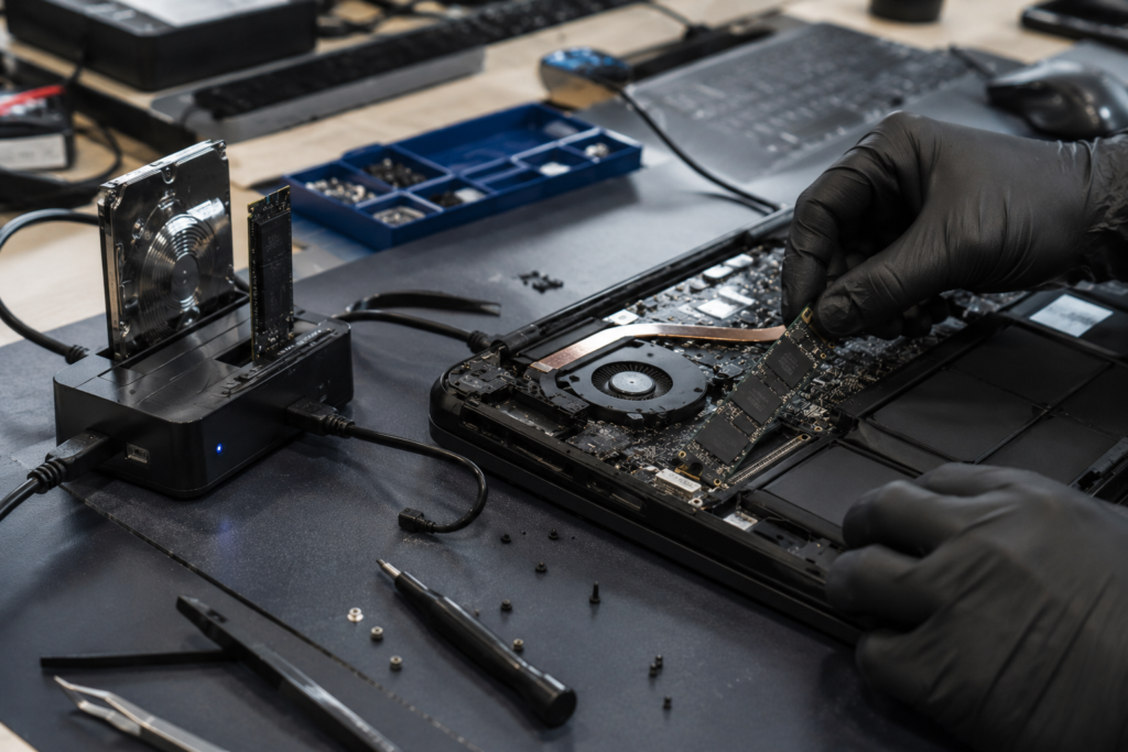 Open laptop connected to a drive recovery dock in a laptop repair workspace
