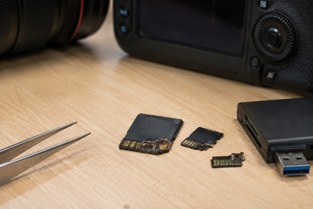 Damaged SD and microSD cards placed beside recovery tools and camera equipment